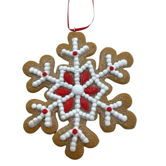 3 Red White Icing Gingerbread Snowflake Cookie Christmas Ornaments Baker - Picture 3 of 6